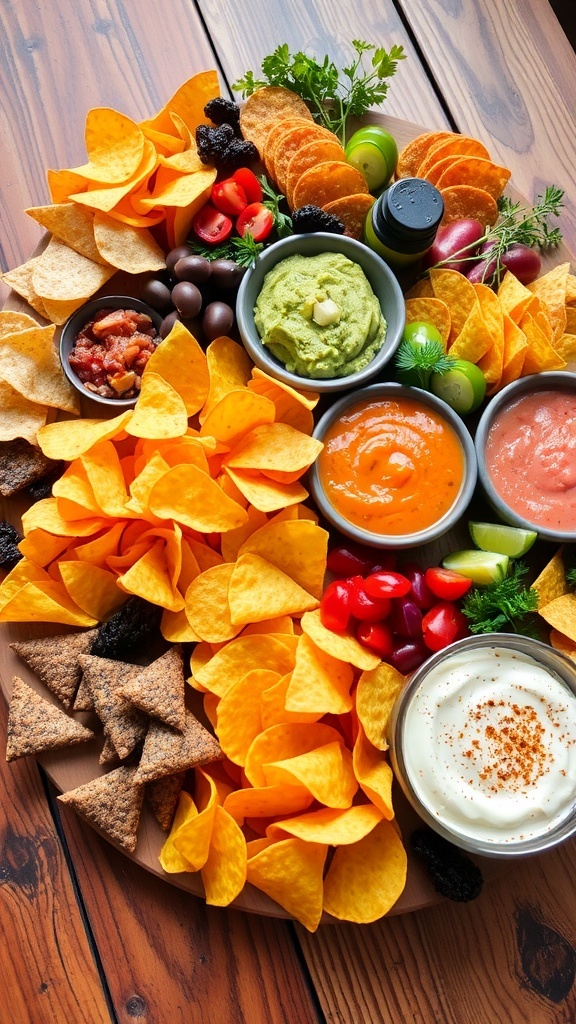 A colorful chips and dips charcuterie board with tortilla chips, potato chips, pita chips, guacamole, salsa, and hummus, garnished with fresh vegetables and herbs.